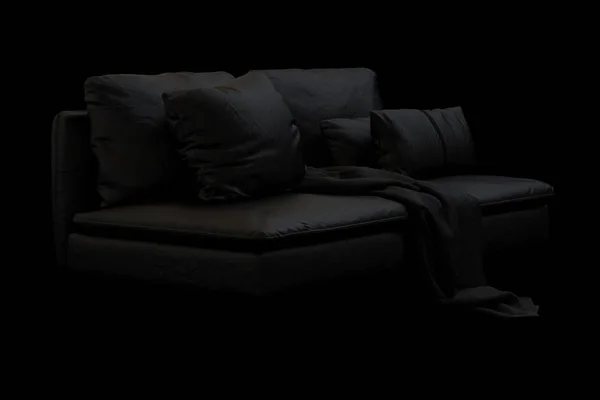 Sofá Textil Negro Moderno Con Almohadas Cuadros Sobre Fondo Negro — Foto de Stock
