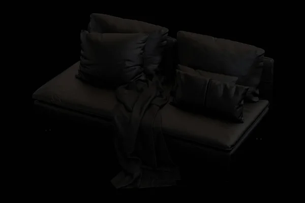 Modern black textile sofa with pillows and plaid on black background. Scandinavian style. Modern style. Black fabric upholstery. 3d render