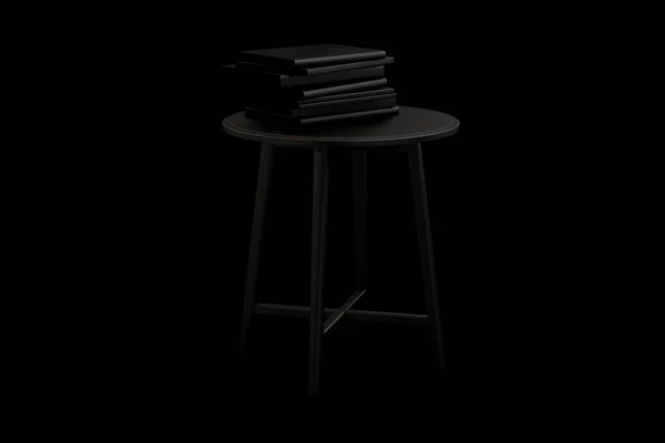 Modern black round coffee table with books on thin legs on black background. 3d render.