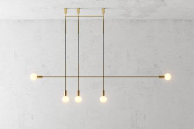 Modern altın metal lamba. Çatı katı tarzında. Lamba beton duvar arka plan üzerinde döndü. 3D render