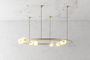 Modern altın metal lamba. Çatı katı tarzında. Lamba beton duvar arka plan üzerinde döndü. 3D render