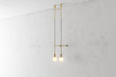 Modern altın metal duvar lambası. Çatı katı tarzında. Lamba beton duvar arka plan üzerinde döndü. 3D render