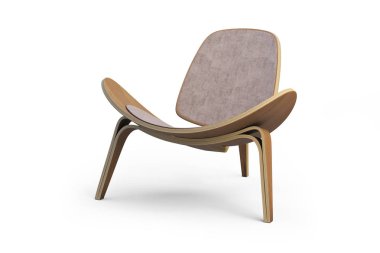 Ahşap sandalye yumuşak koltuk. Hafif ahşap krem döşeme. Modern sandalye Tekstil koltuk gölgeler beyaz zemin üzerine. 3D render