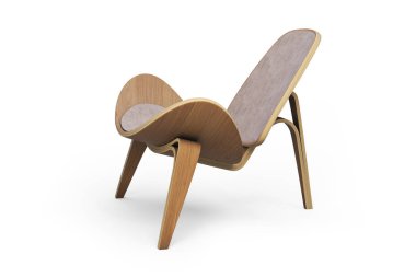 Ahşap sandalye yumuşak koltuk. Hafif ahşap krem döşeme. Modern sandalye Tekstil koltuk gölgeler beyaz zemin üzerine. 3D render