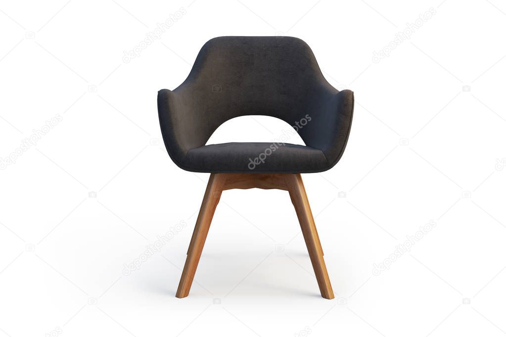 Modern gray chair with textile seat and wooden legs on white background with shadows. 3d render