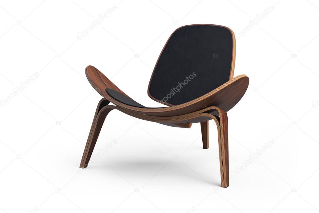 Wooden chair with soft seat. Dark wood, black upholstery. Modern chair with textile seat on white background with shadows. 3d render