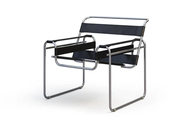 Siyah deri sandalye gölgeler beyaz zemin üzerine metal ayaklı. 3D render