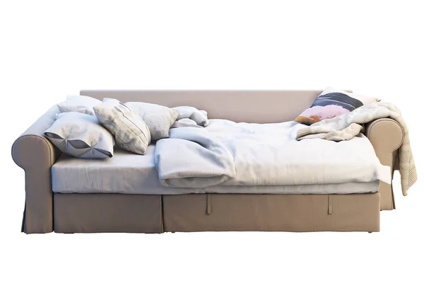 Render Beige Fabric Sofa Bed White Background Scandinavian Interior Bedding — Stock Photo, Image