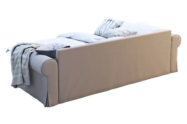 Divano Letto Tessuto Beige Sfondo Bianco Interno Scandinavo Set Biancheria — Foto Stock