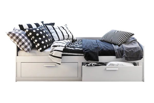 白い背景上のストレージと白人の子供のベッドの のレンダリング 北欧のインテリア 寝具セット — ストック写真