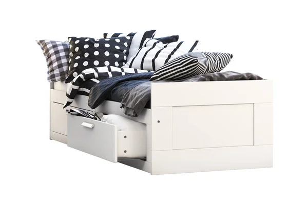 3d render of white children\'s bed with storage on white background. Scandinavian interior. Bedding set