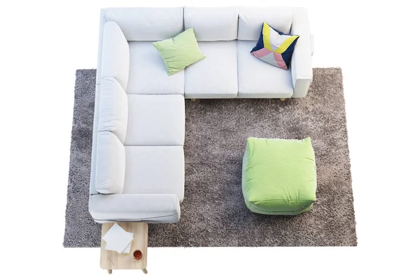 Rendu Canapé Angle Tissu Blanc Avec Tapis Beige Table Basse — Photo