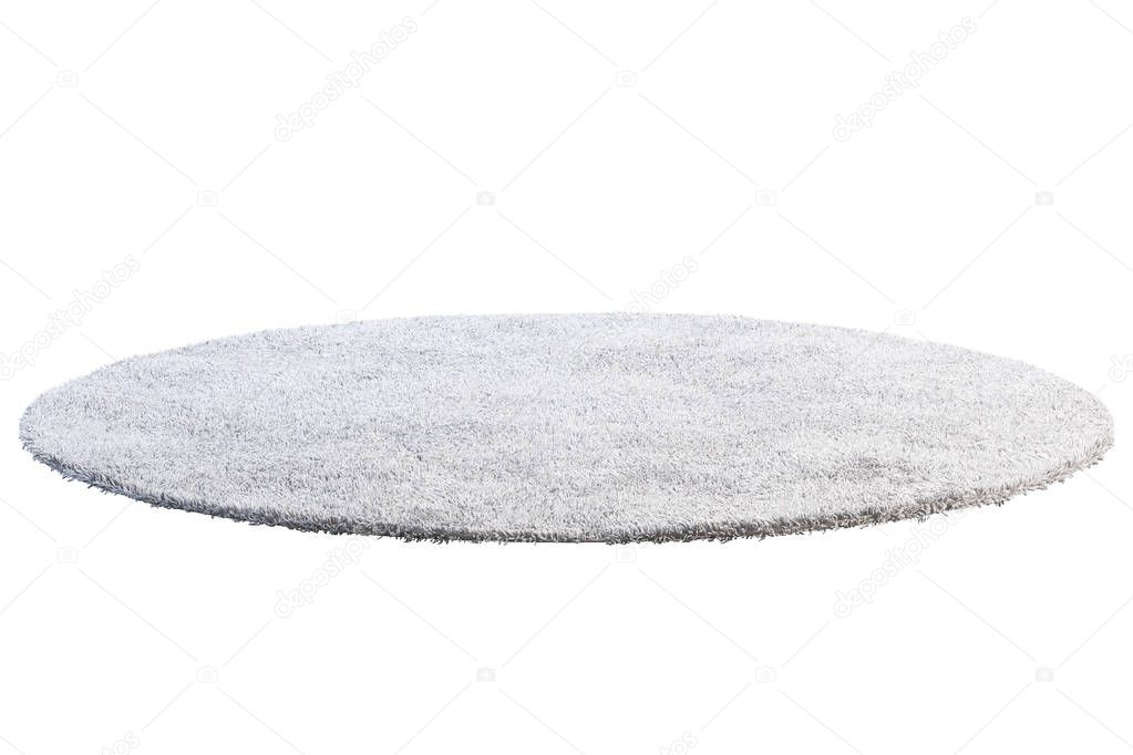 Modern round light gray rug with high pile on white background. 3d render