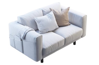 Renkli yastıklar ve beyaz arka plan üzerinde ekose ile Modern beyaz kumaş kanepe. İskandinav iç. 3d render