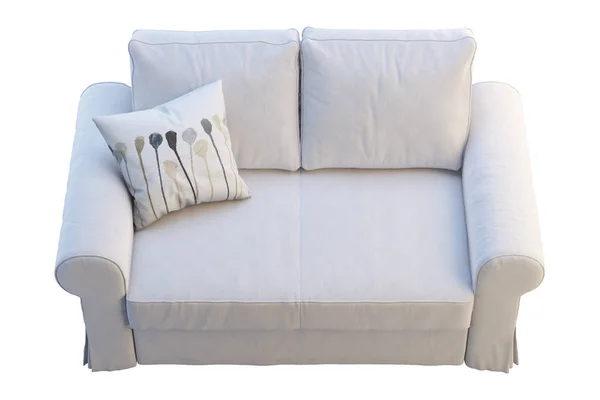 Sofá Moderno Tela Blanca Con Almohadas Sobre Fondo Blanco Interior — Foto de Stock