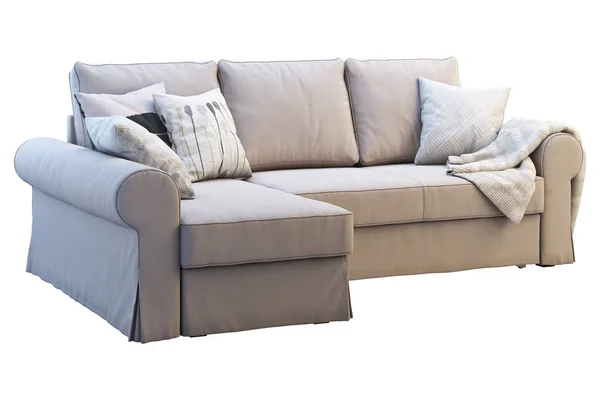 Sofá Tecido Bege Moderno Com Salão Chaise Sofá Com Travesseiros — Fotografia de Stock