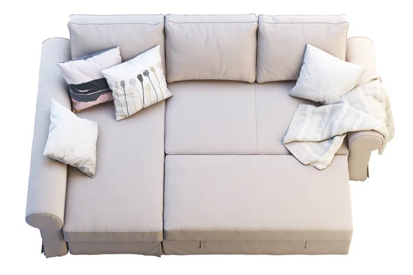 现代化的米色面料沙发 带躺椅休息室 沙发与彩色枕头和格子在白色的背景 斯堪的纳维亚内部 — 图库照片