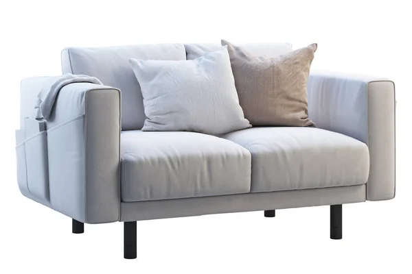 Modern White Fabric Sofa Colored Pillows Plaid White Background Scandinavian — Stock Photo, Image