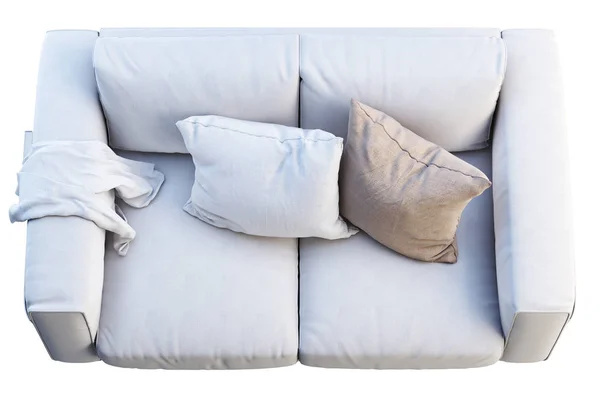 Nowoczesna Sofa Białego Materiału Kolorowymi Poduszkami Kratą Białym Tle Skandynawskie — Zdjęcie stockowe