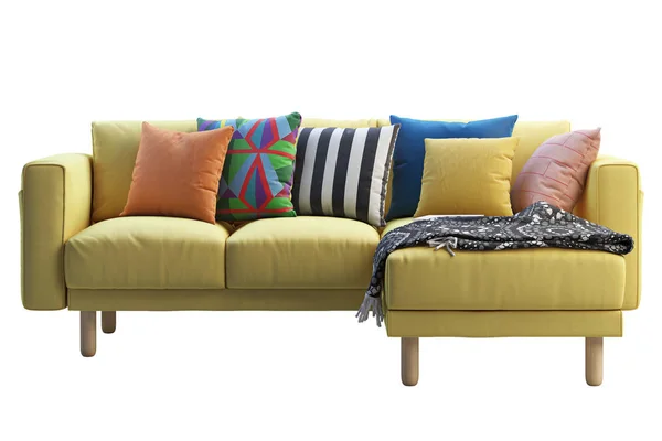 现代黄色织物柔软椅 带躺椅 带彩色枕头和格子的白色背景的床铺 斯堪的纳维亚内饰 — 图库照片