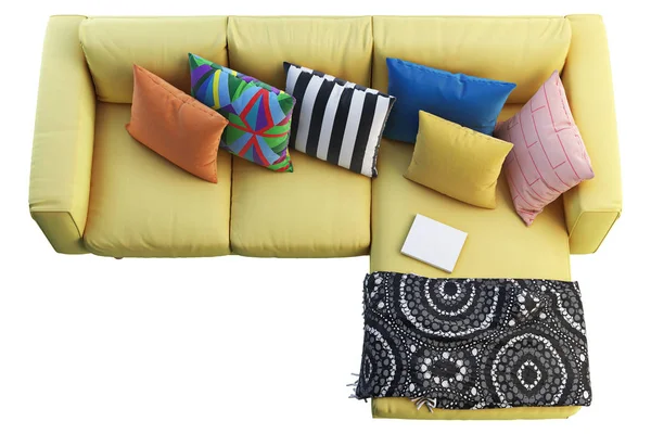 Modern Yellow Fabric Sofa Chaise Lounge Sofa Colored Pillows Plaid — Stock Photo, Image