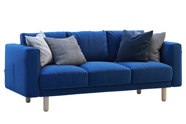 Sofá Tecido Azul Escuro Moderno Com Travesseiros Coloridos Fundo Branco — Fotografia de Stock