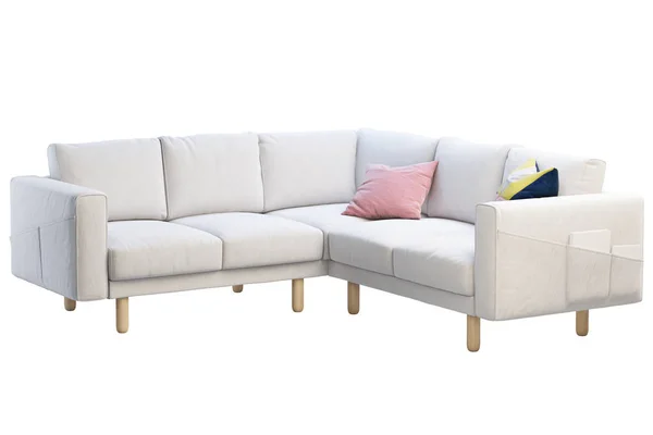 Sofá Esquina Tela Blanca Moderna Con Almohadas Colores Sobre Fondo — Foto de Stock