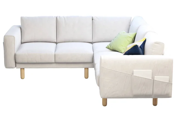 Modern white fabric corner sofa with colored pillows on white background. Scandinavian interior. 3d render