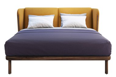 Lüks Çift Kişilik Yatak, renkli headboard ve nevresimler ile donatılmış. 3B render
