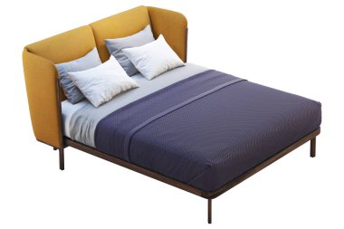 Lüks Çift Kişilik Yatak, renkli headboard ve nevresimler ile donatılmış. 3B render
