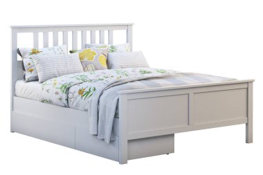 İskandinav çift kişilik yatak, desen keten ve saklama kutusu. 3B render