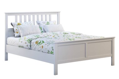 İskandinav çift kişilik yatak, desen nevresimler ile. 3B render