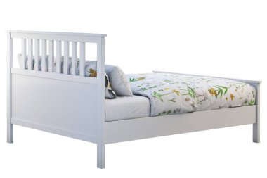 İskandinav çift kişilik yatak, desen nevresimler ile. 3B render