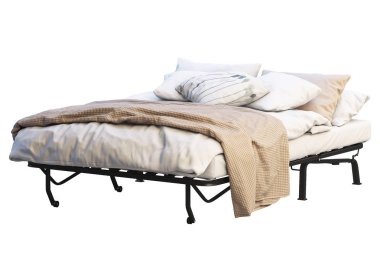 Nevresimler ile minimalist katlanır yatak. 3B render