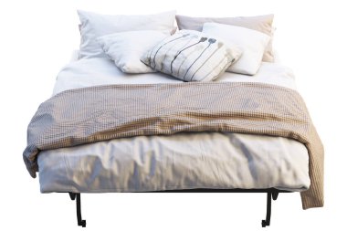 Nevresimler ile minimalist katlanır yatak. 3B render