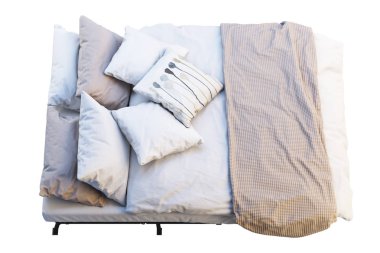 Nevresimler ile minimalist katlanır yatak. 3B render