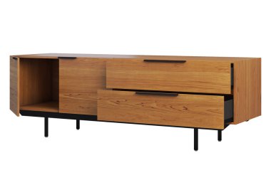 Geri çekilebilir raflar ile ahşap yan tahta. 3B render