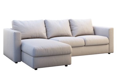 Renkli yastıklar ile modern bej kumaş kanepe. 3B render