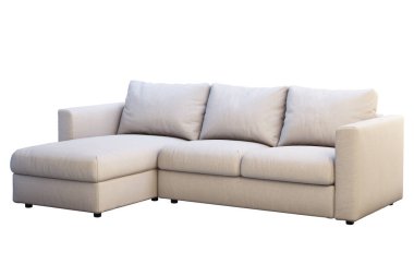 Renkli yastıklar ile modern bej kumaş kanepe. 3B render