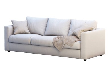 Renkli yastıklar ile modern bej kumaş kanepe. 3B render