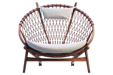 Kumaş koltuk ile kahverengi yuvarlak ahşap sandalye. 3B render