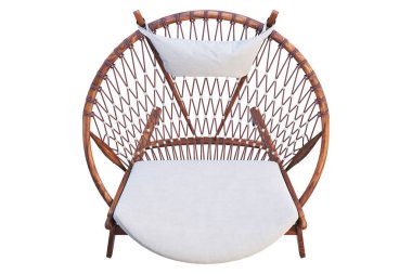 Kumaş koltuk ile kahverengi yuvarlak ahşap sandalye. 3B render