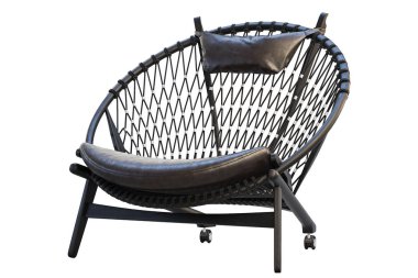 Deri koltuk ile siyah yuvarlak ahşap sandalye. 3B render