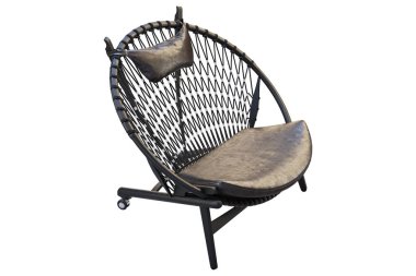 Deri koltuk ile siyah yuvarlak ahşap sandalye. 3B render