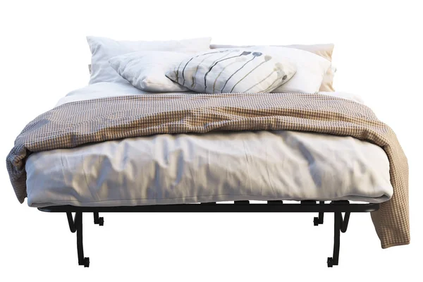 Minimalistyczne składane łóżko z lnem. Renderowanie 3D — Zdjęcie stockowe