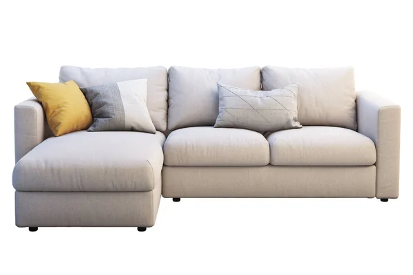 Sofa kain krem modern dengan bantal berwarna. render 3d — Stok Foto