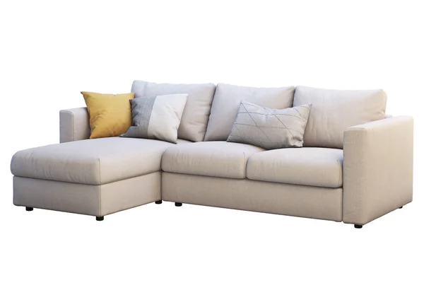 Modern beige fabric sofa with colored pillows. 3d render