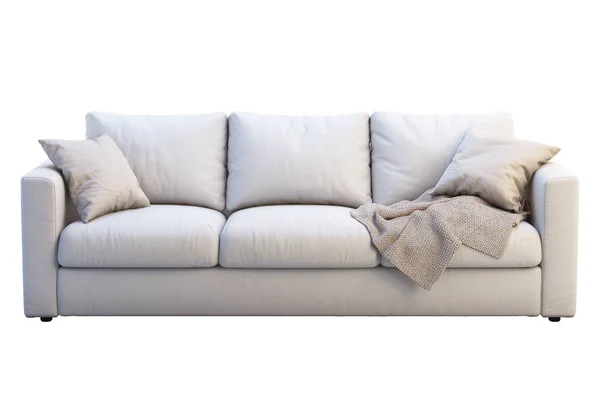 Renkli yastıklar ile modern bej kumaş kanepe. 3B render — Stok fotoğraf