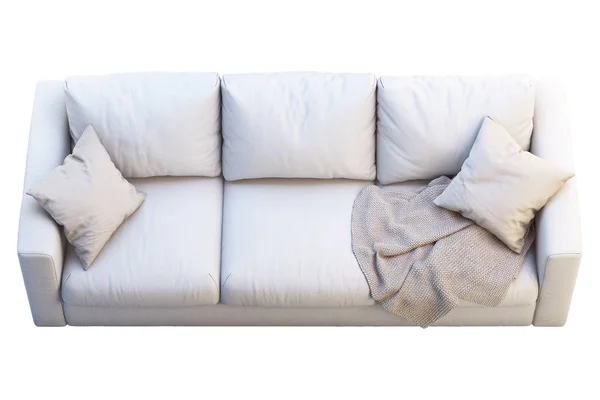 色の枕とモダンなベージュのファブリックソファー。3d レンダー — ストック写真