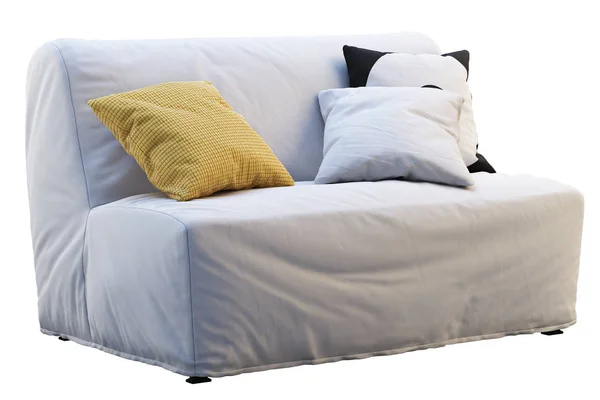 Scandinavian folding sofa bed with colored pillows. 3d render